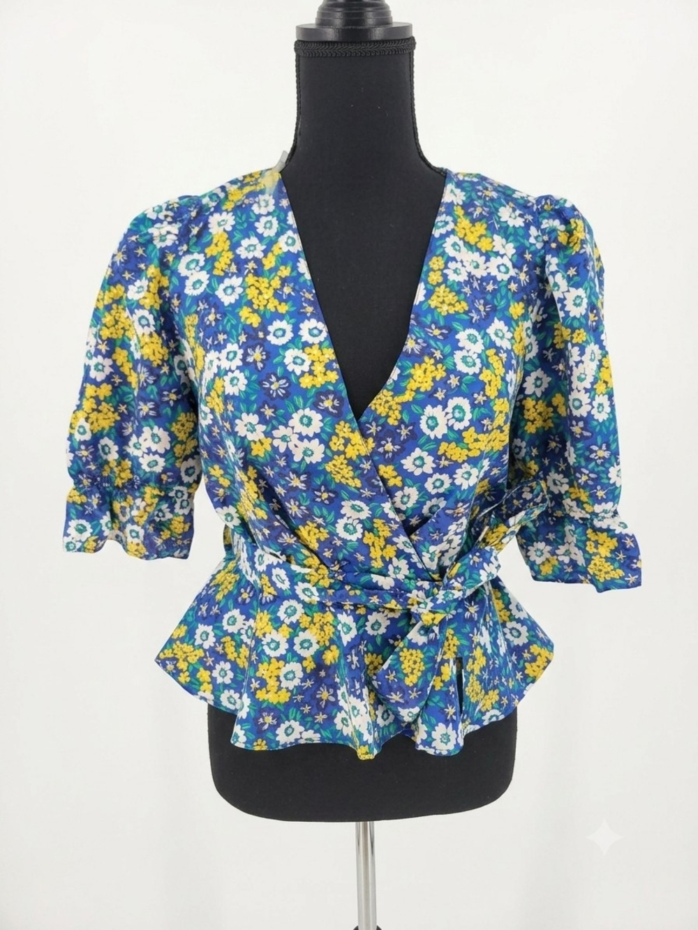 Blue Floral Wrap Peplum Blouse with Puff Sleeves